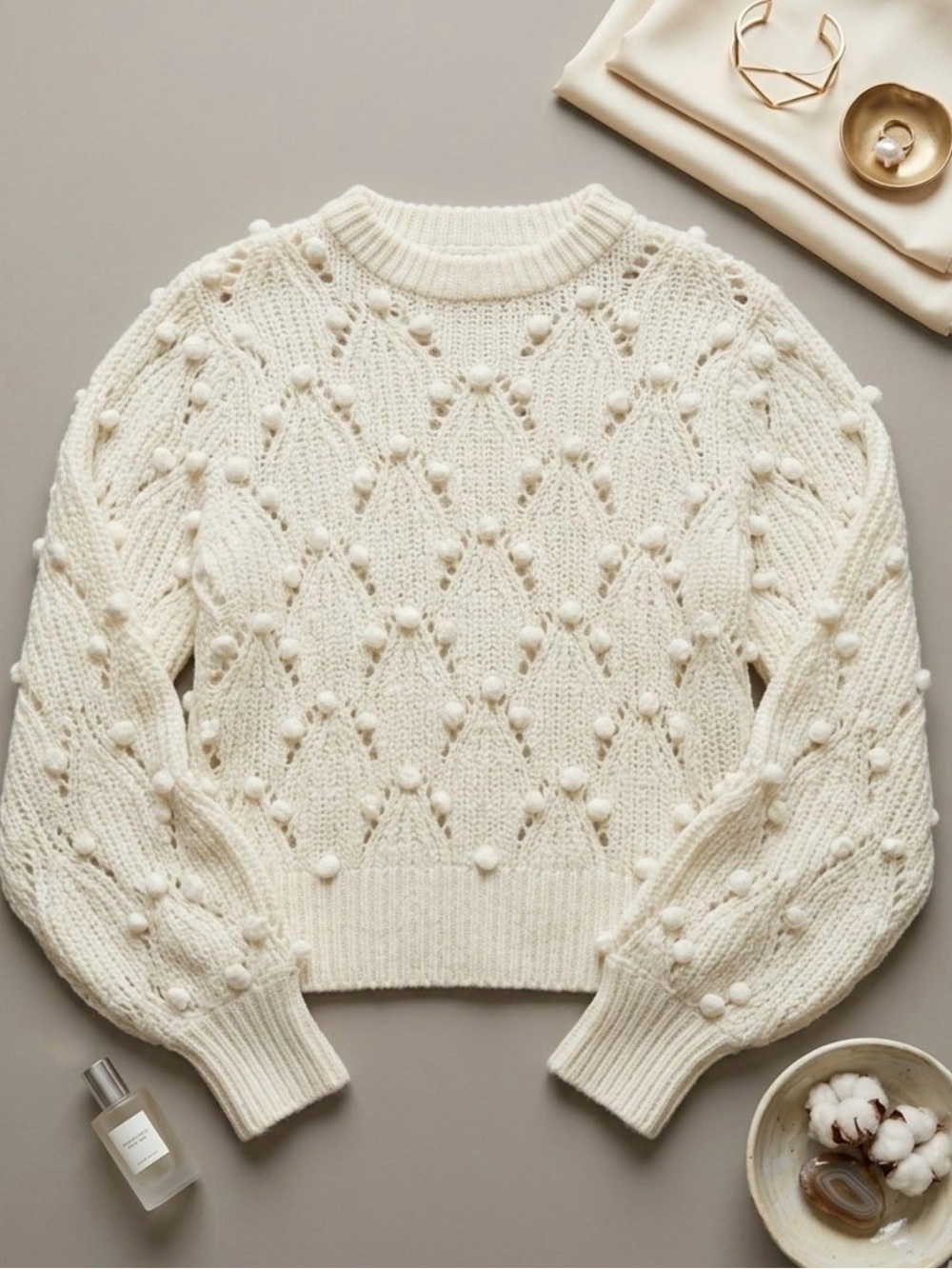 ASTR the Label Lexi Pointelle Pom Pom Sweater Cream White XS Coquette Boho Chic
